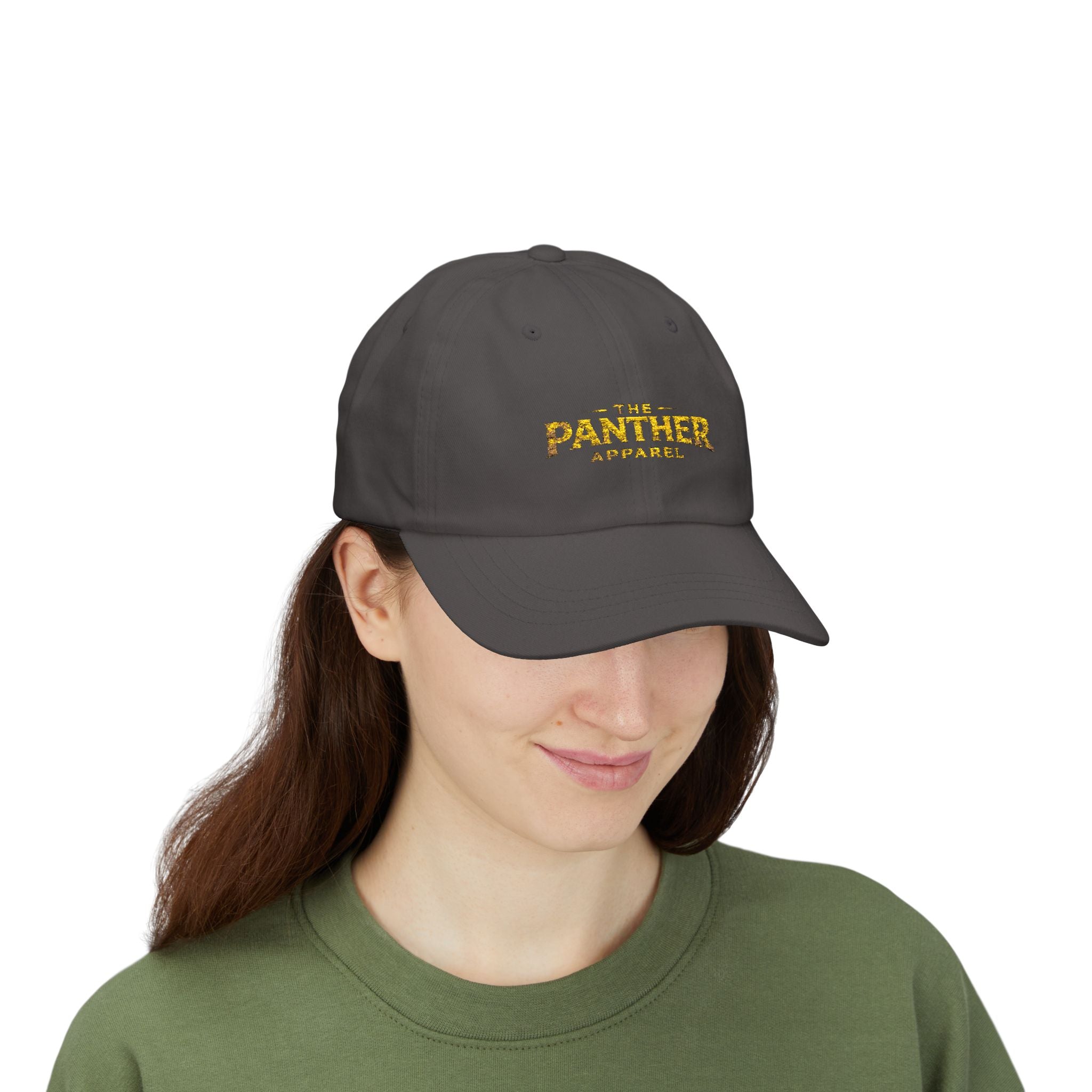 Panther Apparel Dad Cap — White Classic Baseball Hat with Gold Script Logo