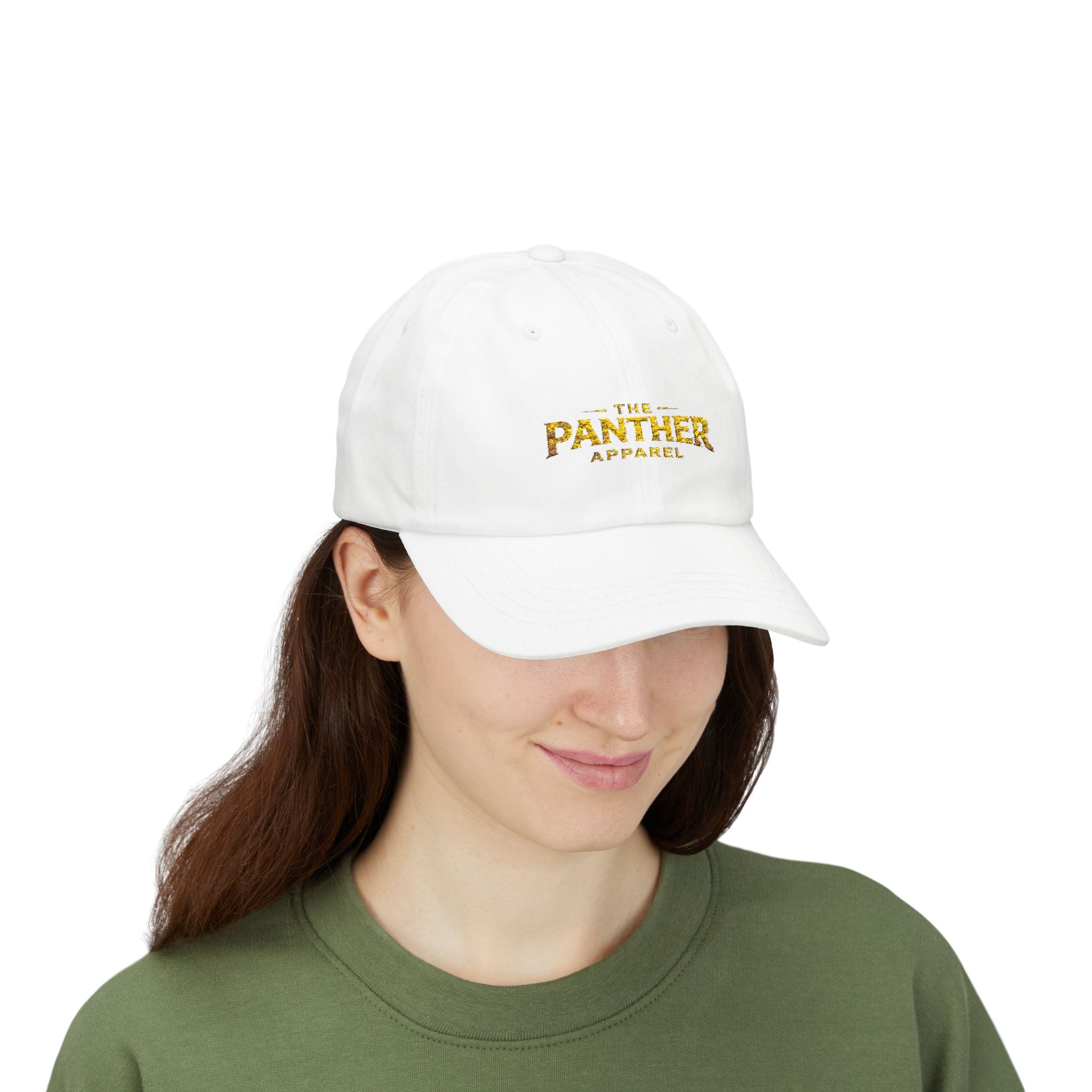 Panther Apparel Dad Cap — White Classic Baseball Hat with Gold Script Logo
