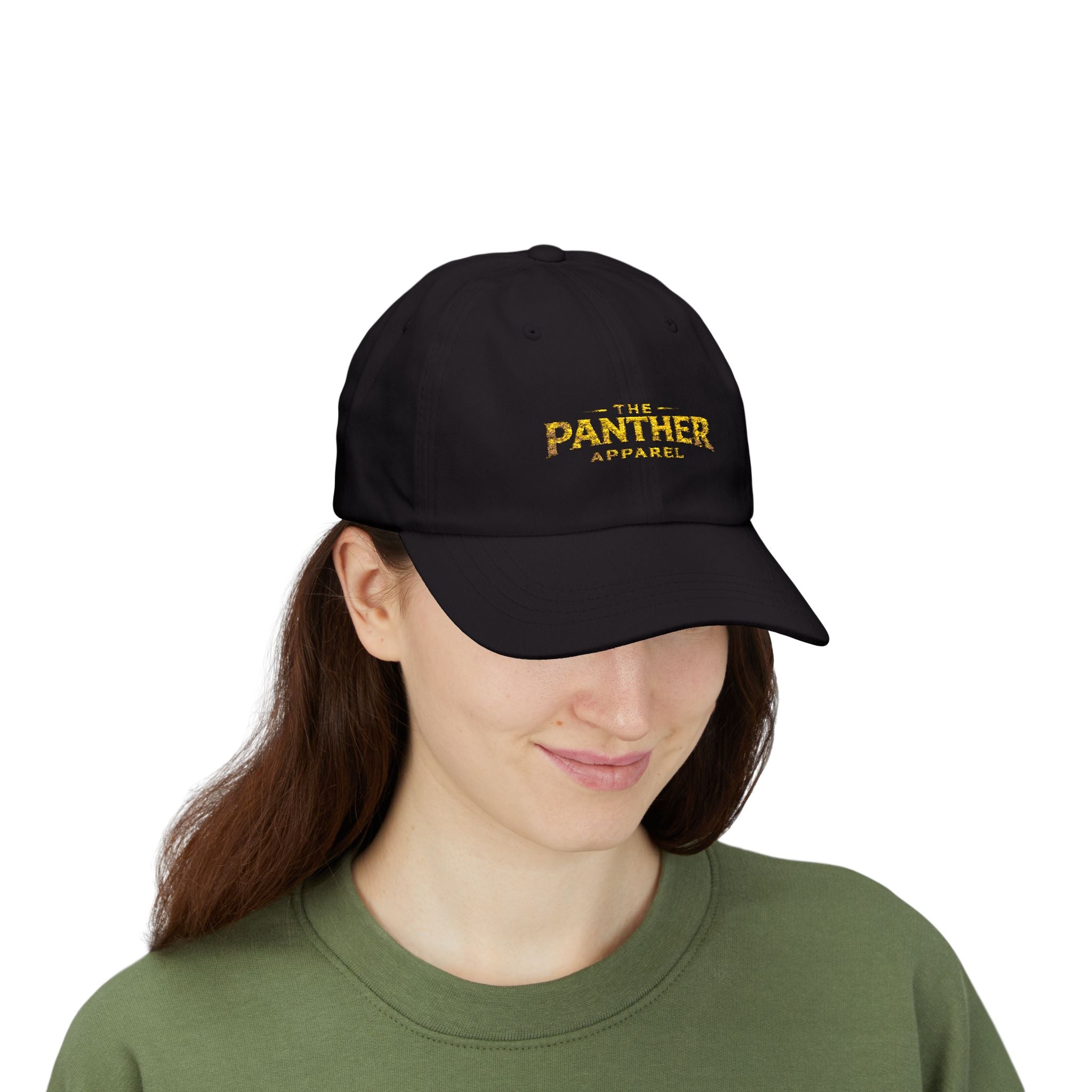 Panther Apparel Dad Cap — White Classic Baseball Hat with Gold Script Logo