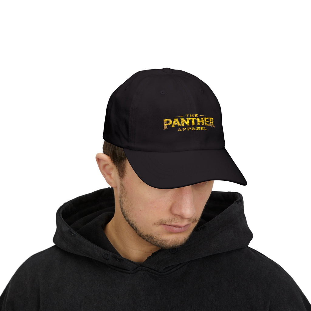 Panther Apparel Dad Cap — White Classic Baseball Hat with Gold Script Logo