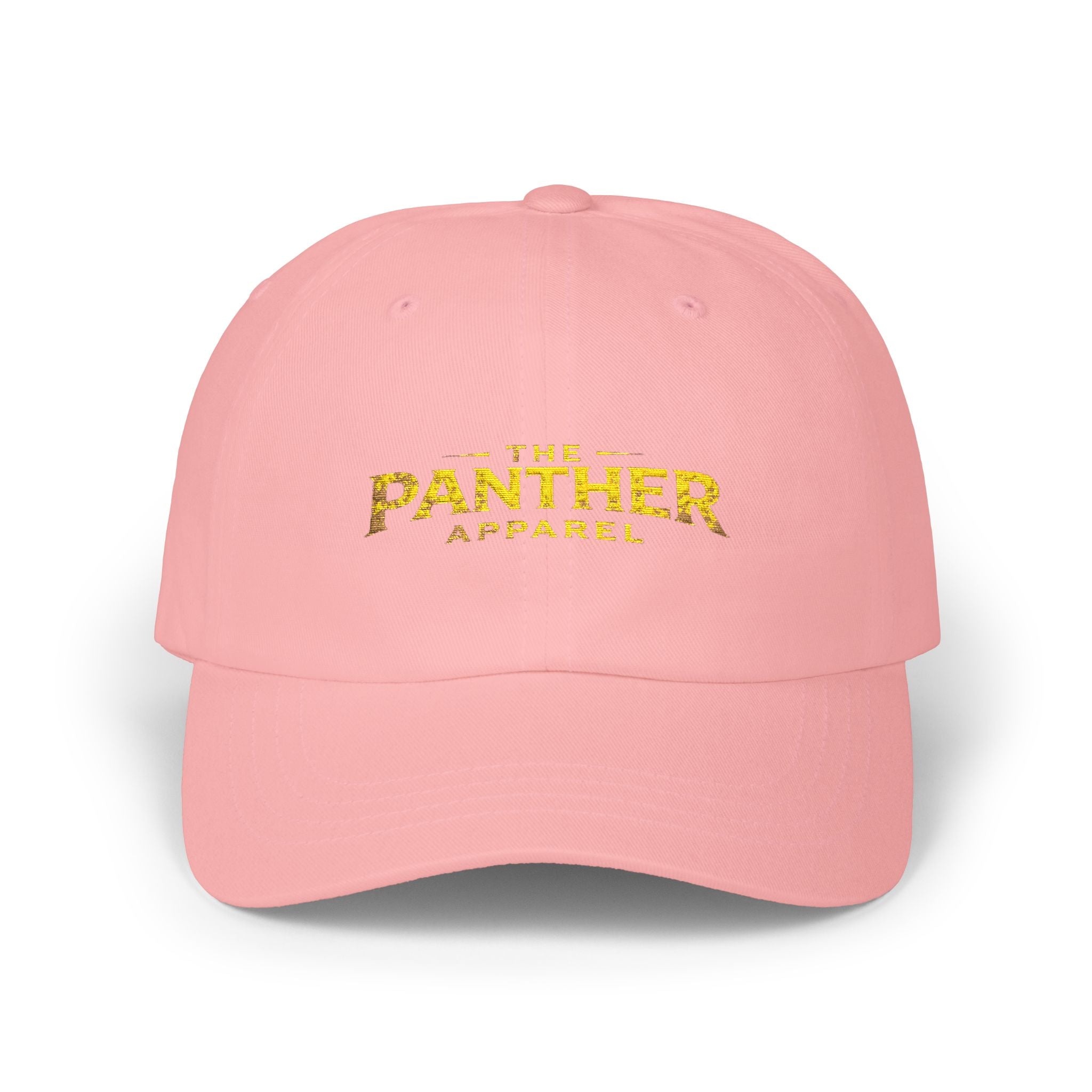 Panther Apparel Dad Cap — White Classic Baseball Hat with Gold Script Logo