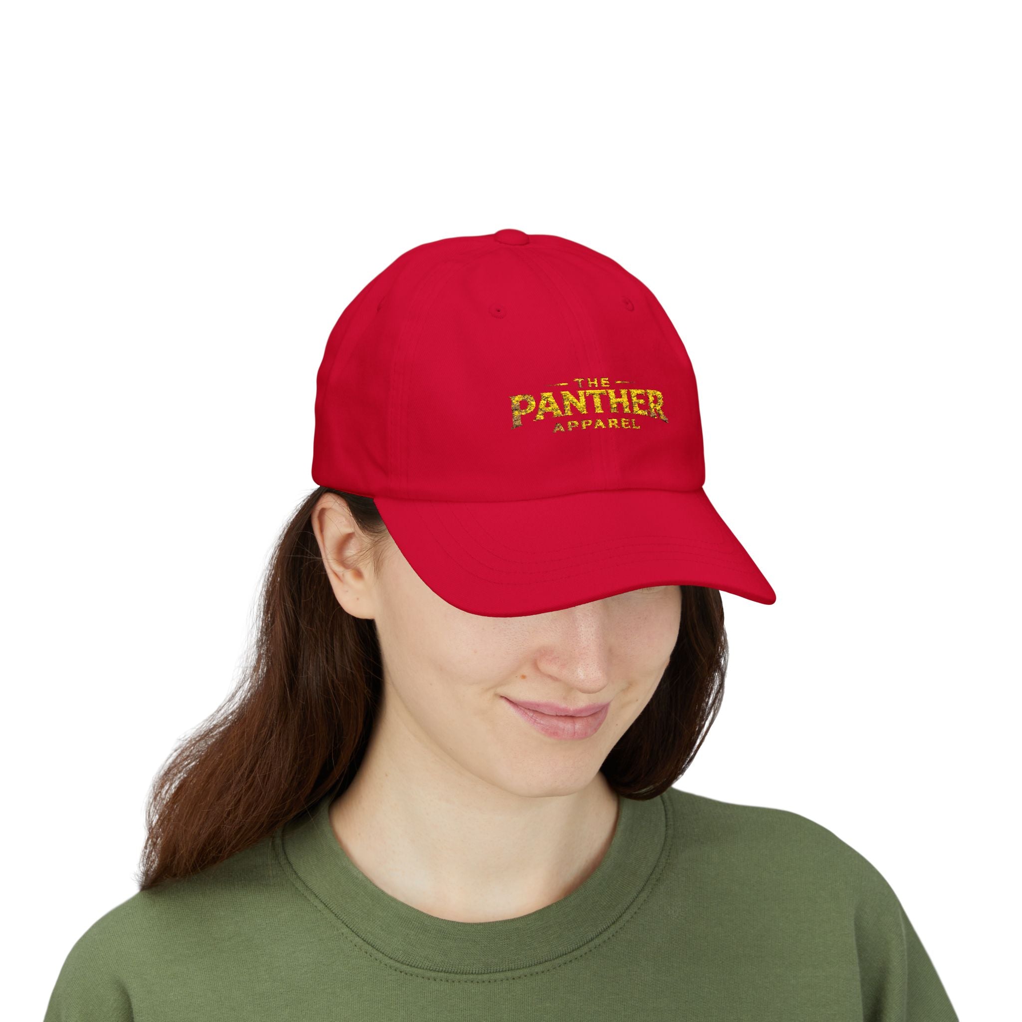 Panther Apparel Dad Cap — White Classic Baseball Hat with Gold Script Logo