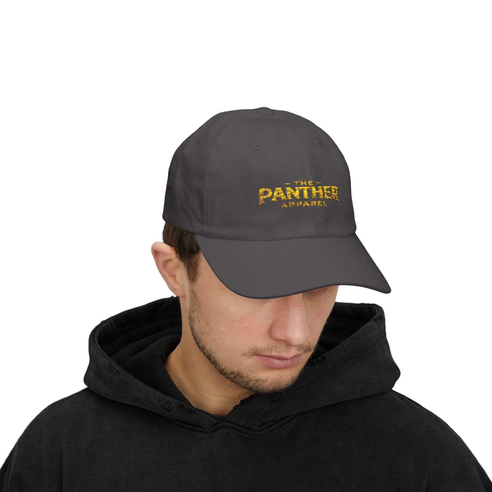 Panther Apparel Dad Cap — White Classic Baseball Hat with Gold Script Logo