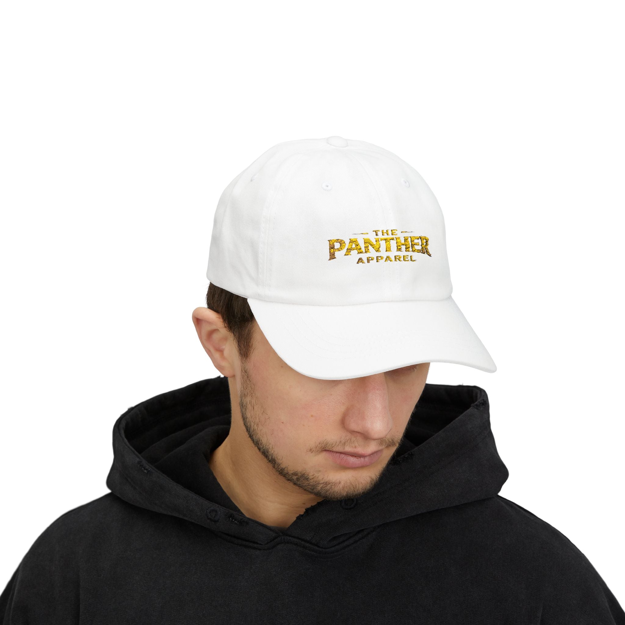Panther Apparel Dad Cap — White Classic Baseball Hat with Gold Script Logo
