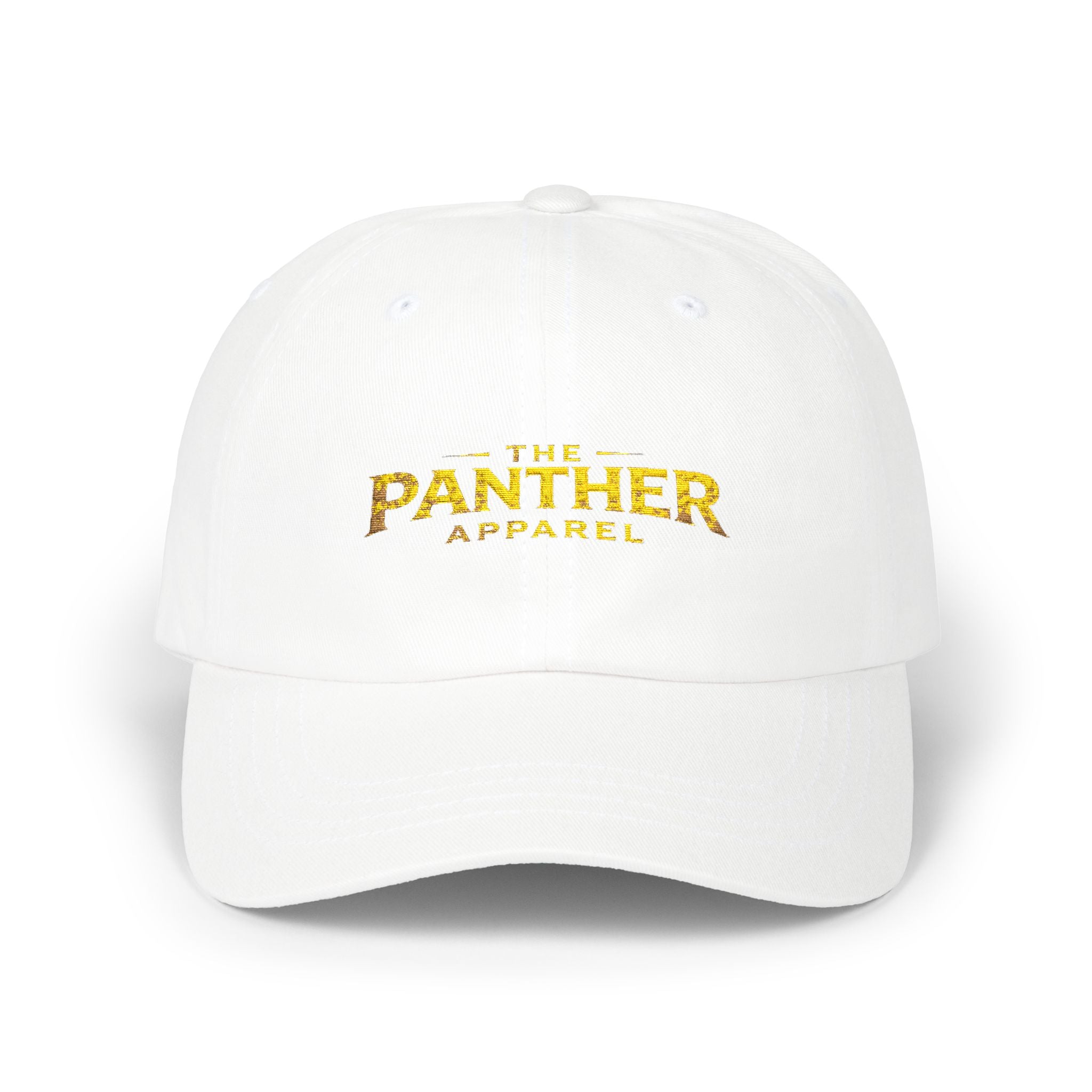 Panther Apparel Dad Cap — White Classic Baseball Hat with Gold Script Logo
