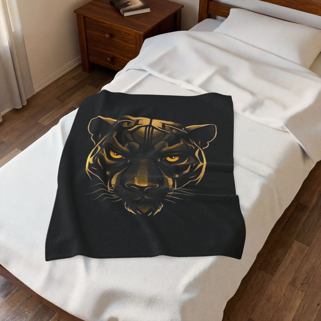 Golden Panther Velveteen Plush Blanket — Luxe Black Animal Face Throw
