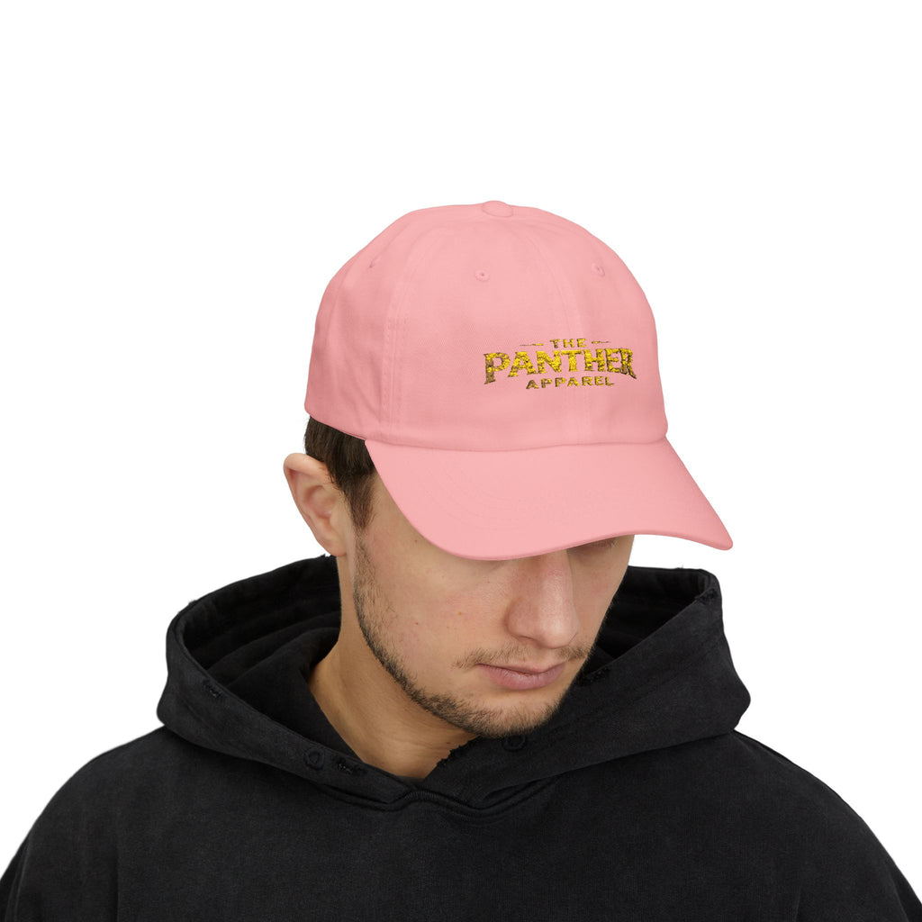 Panther Apparel Dad Cap — White Classic Baseball Hat with Gold Script Logo