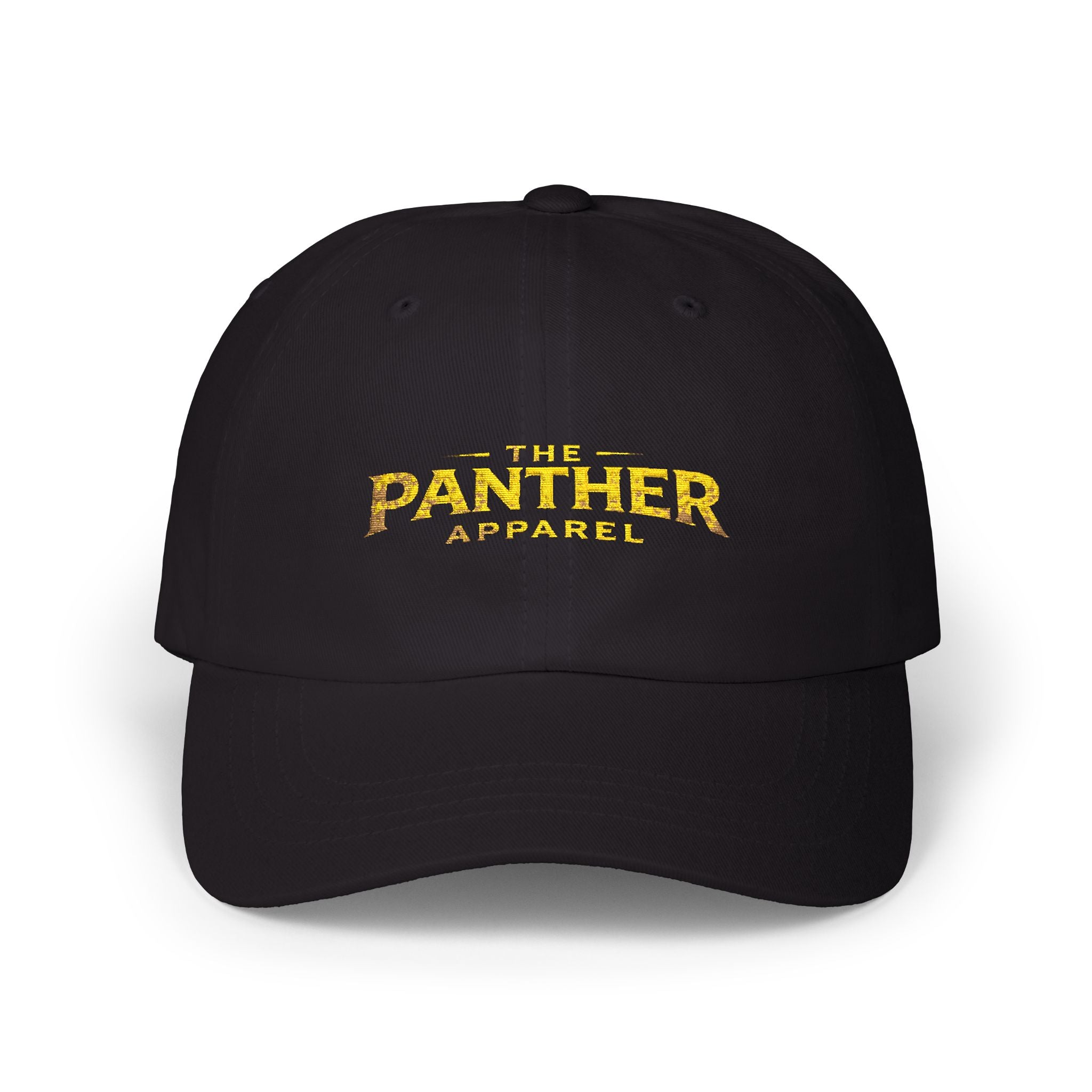 Panther Apparel Dad Cap — White Classic Baseball Hat with Gold Script Logo