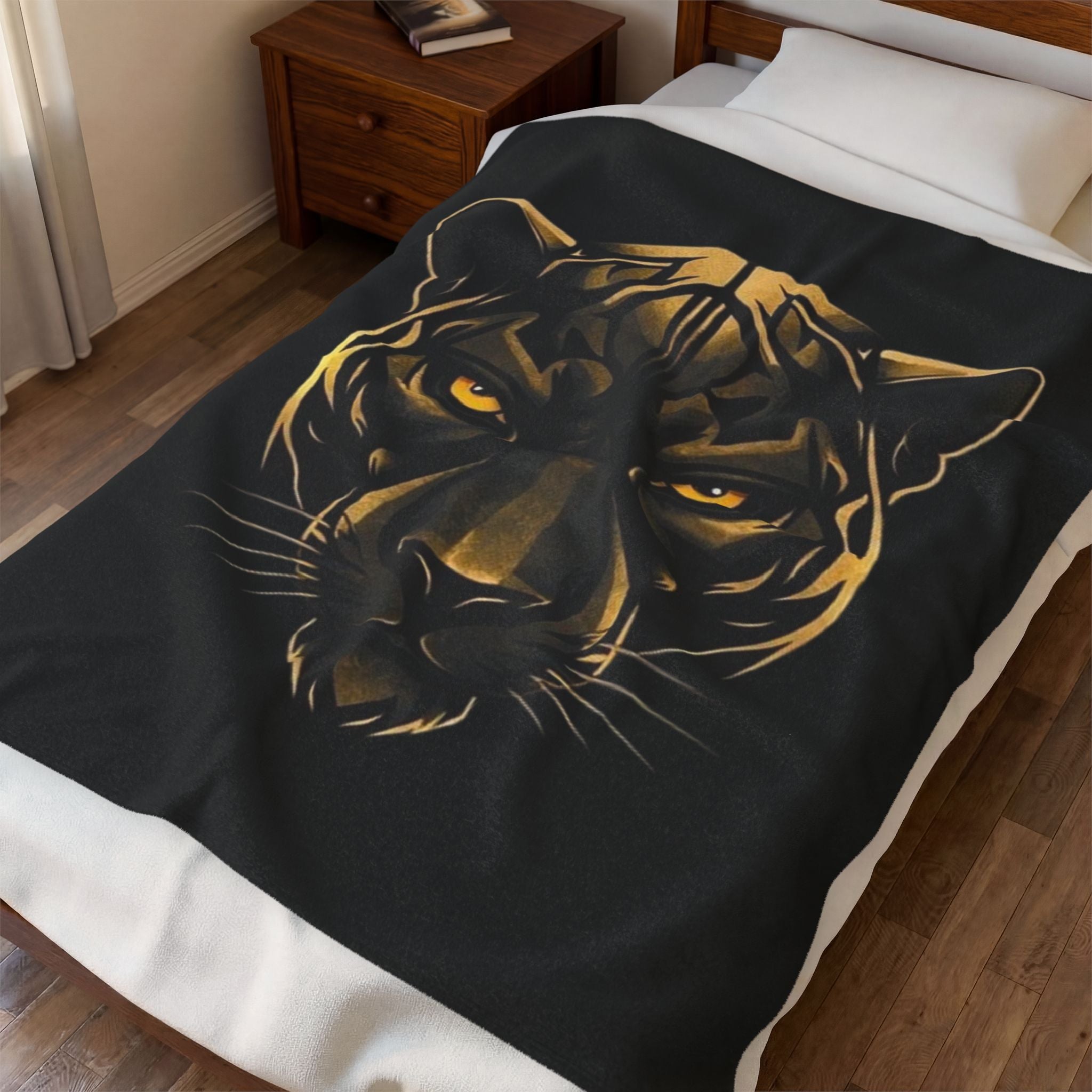 Golden Panther Velveteen Plush Blanket — Luxe Black Animal Face Throw