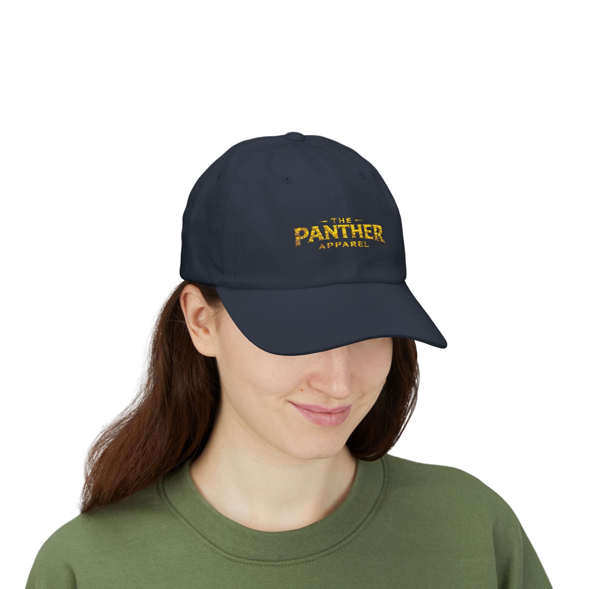 Panther Apparel Dad Cap — White Classic Baseball Hat with Gold Script Logo