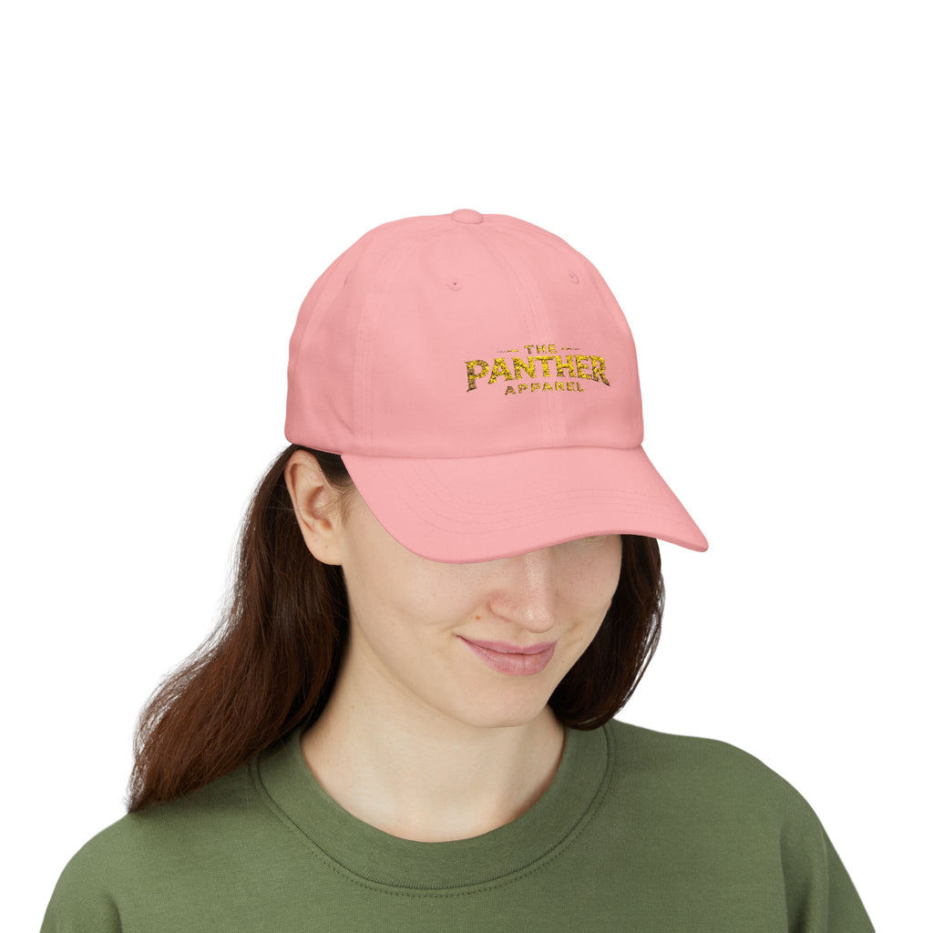 Panther Apparel Dad Cap — White Classic Baseball Hat with Gold Script Logo