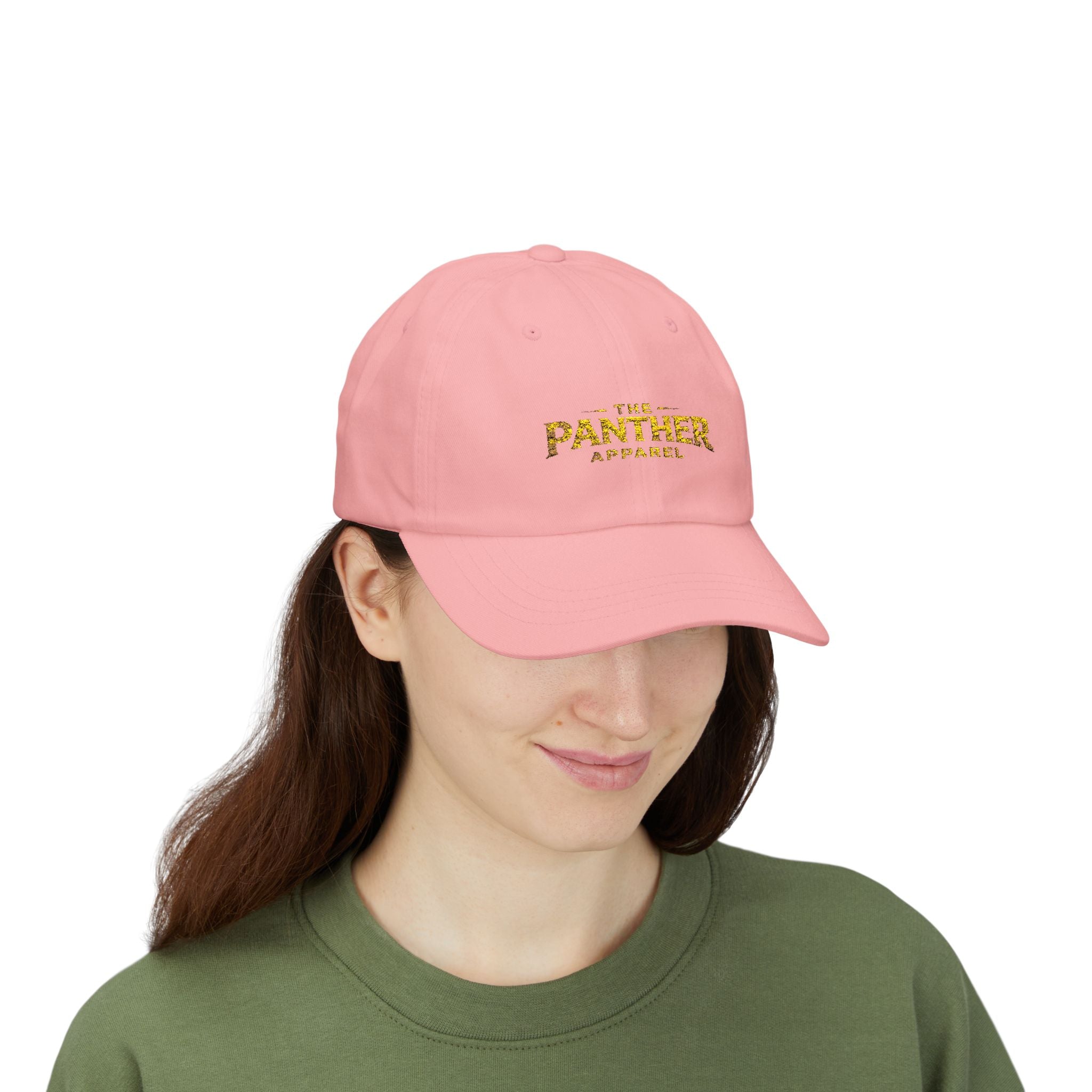 Panther Apparel Dad Cap — White Classic Baseball Hat with Gold Script Logo