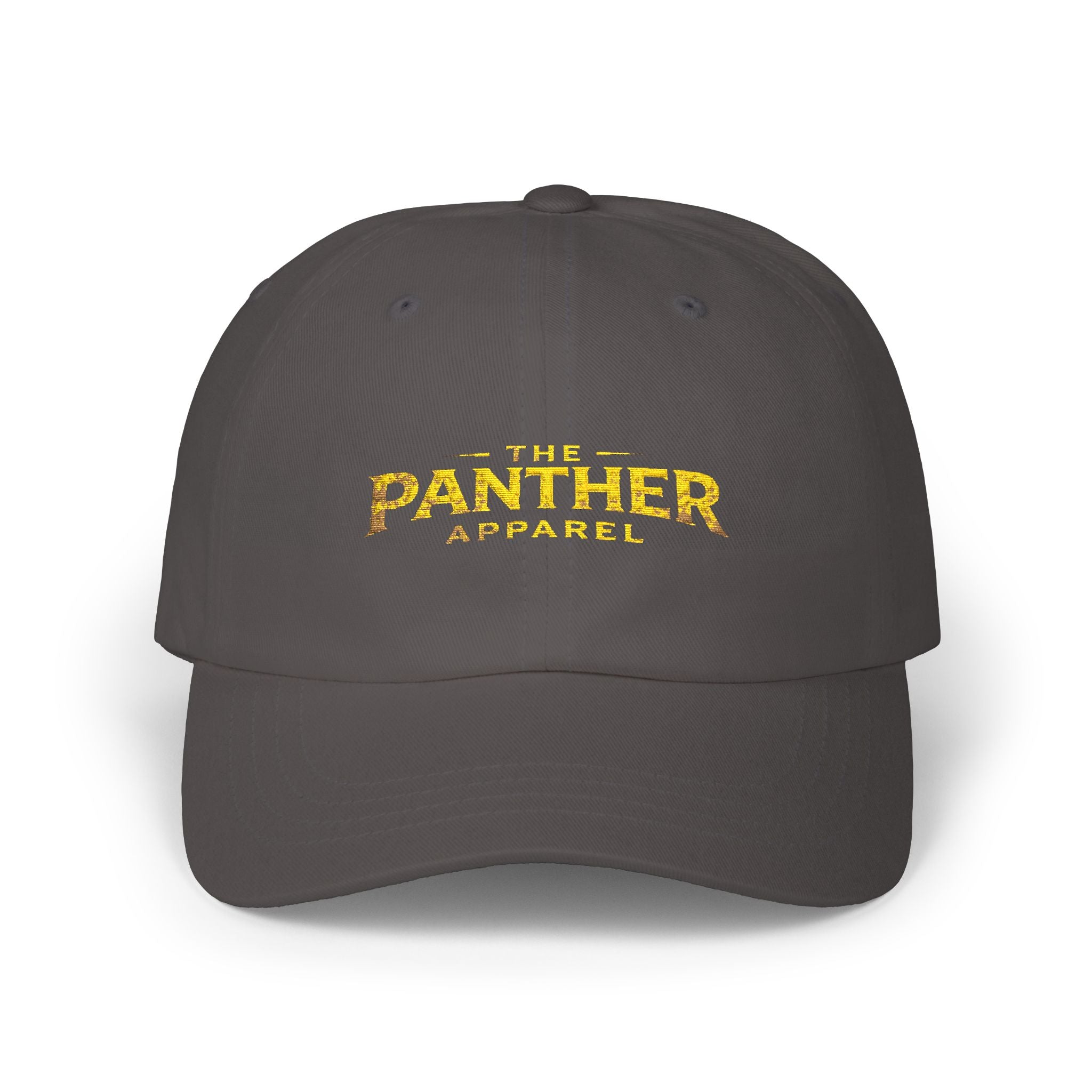 Panther Apparel Dad Cap — White Classic Baseball Hat with Gold Script Logo