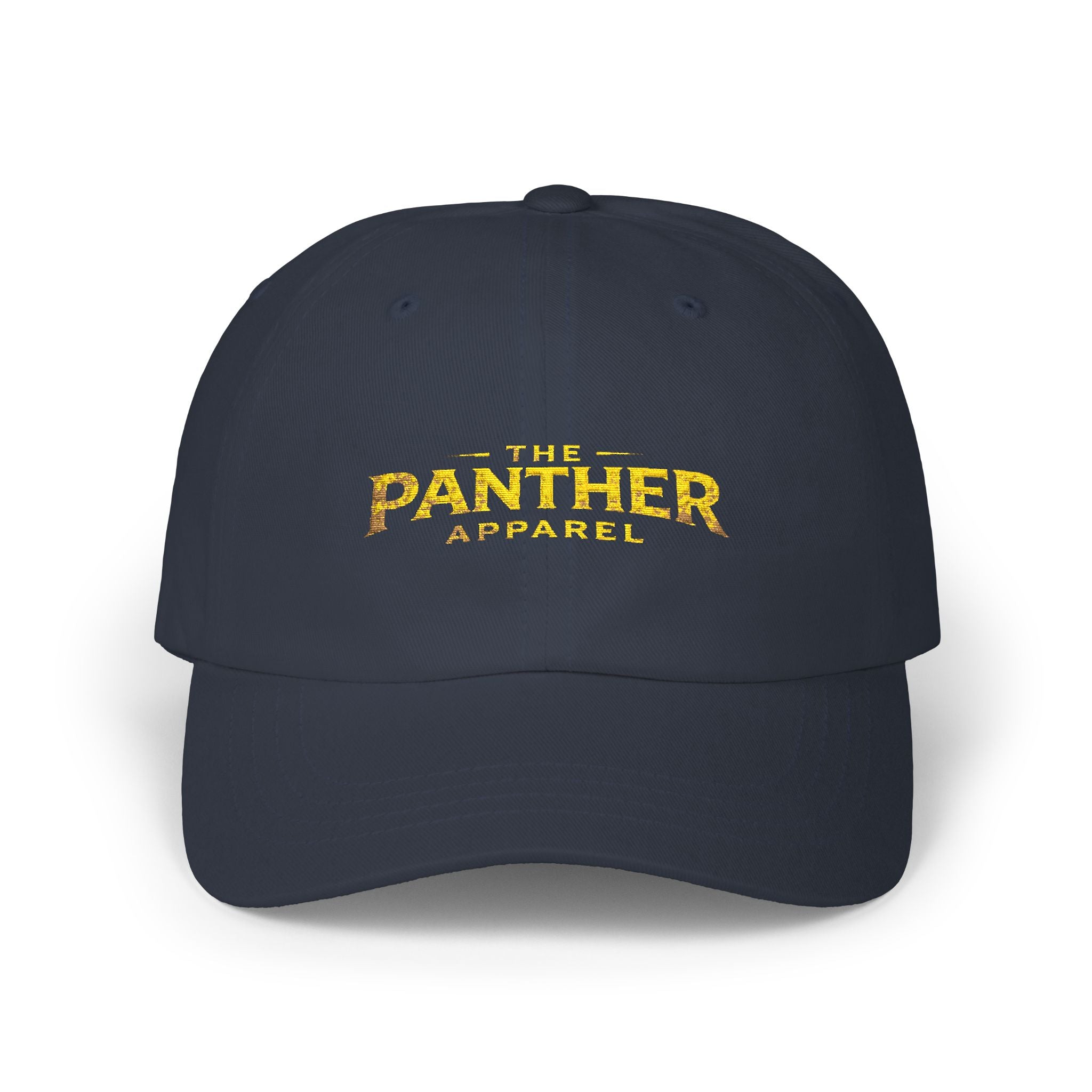 Panther Apparel Dad Cap — White Classic Baseball Hat with Gold Script Logo