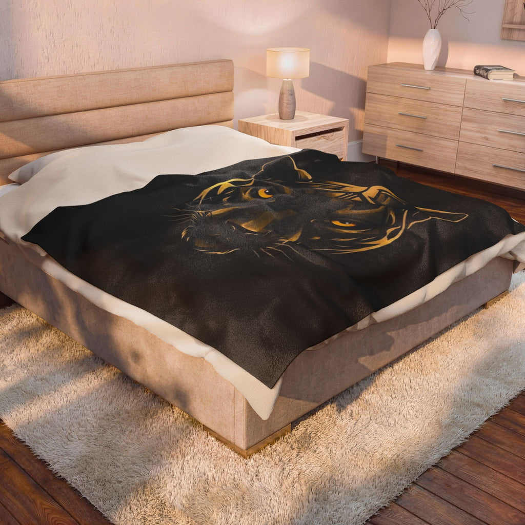 Golden Panther Velveteen Plush Blanket — Luxe Black Animal Face Throw