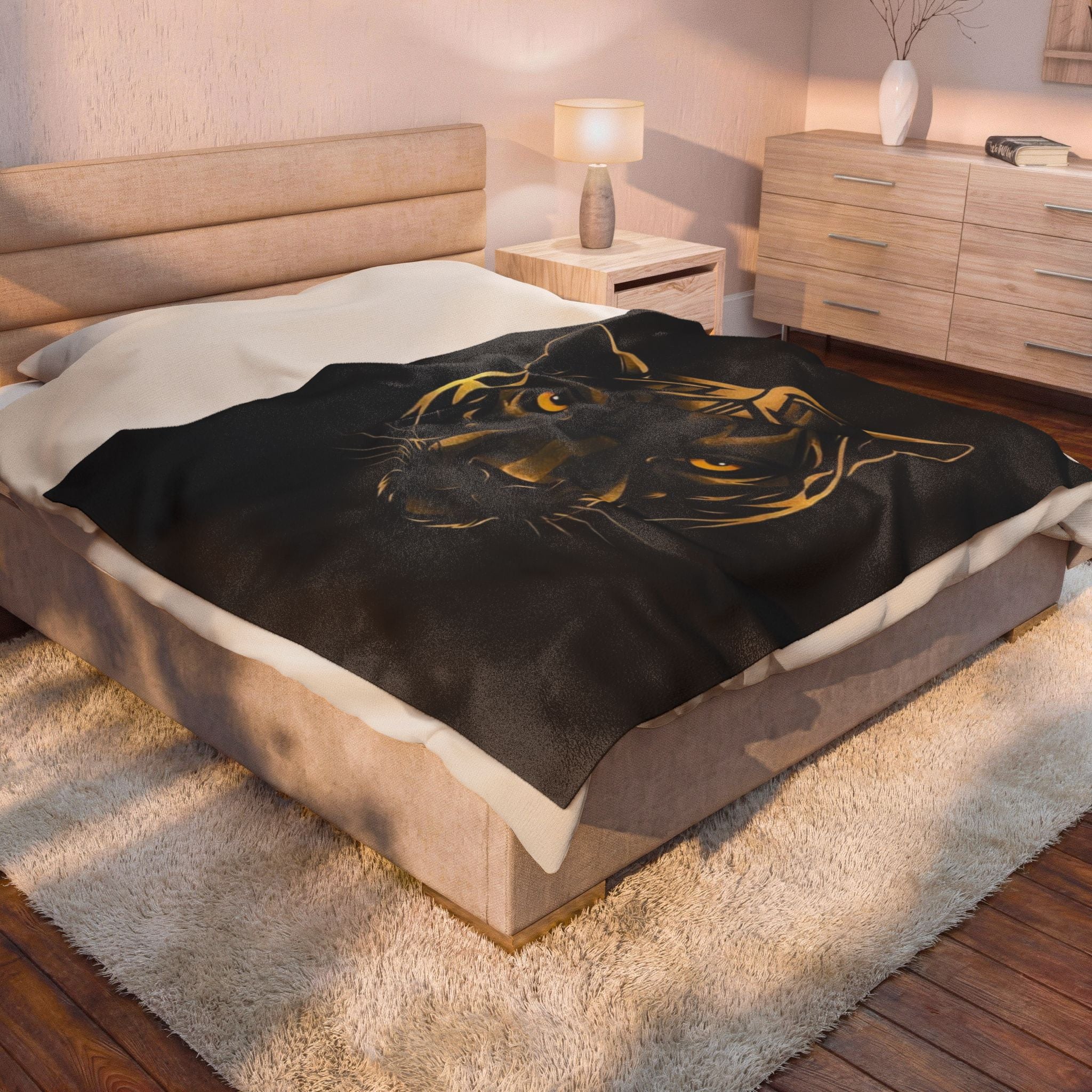 Golden Panther Velveteen Plush Blanket — Luxe Black Animal Face Throw