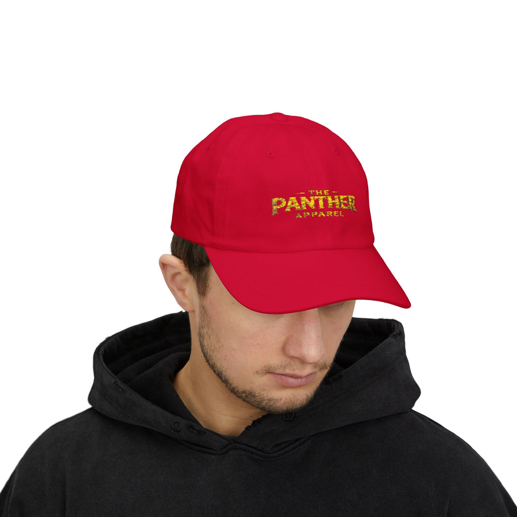 Panther Apparel Dad Cap — White Classic Baseball Hat with Gold Script Logo