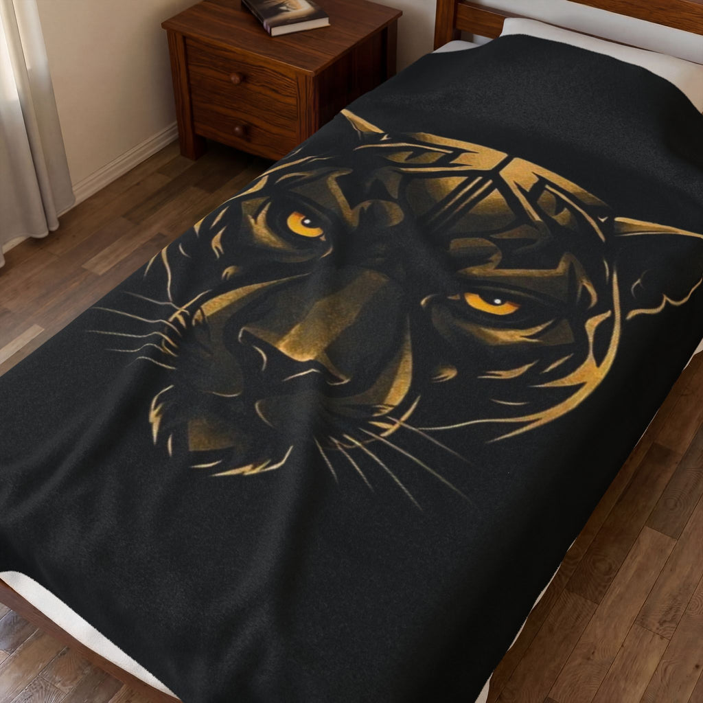 Golden Panther Velveteen Plush Blanket — Luxe Black Animal Face Throw
