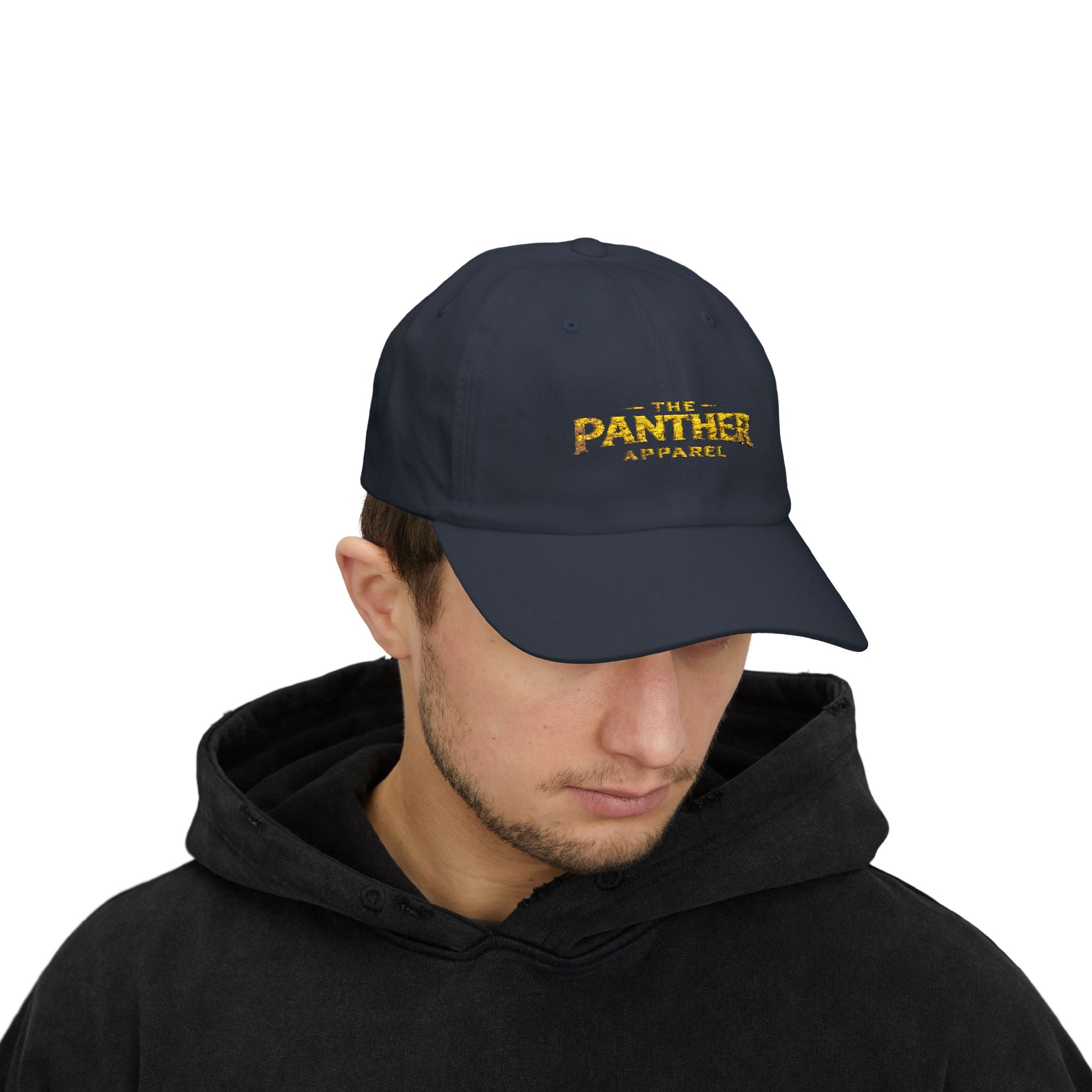 Panther Apparel Dad Cap — White Classic Baseball Hat with Gold Script Logo