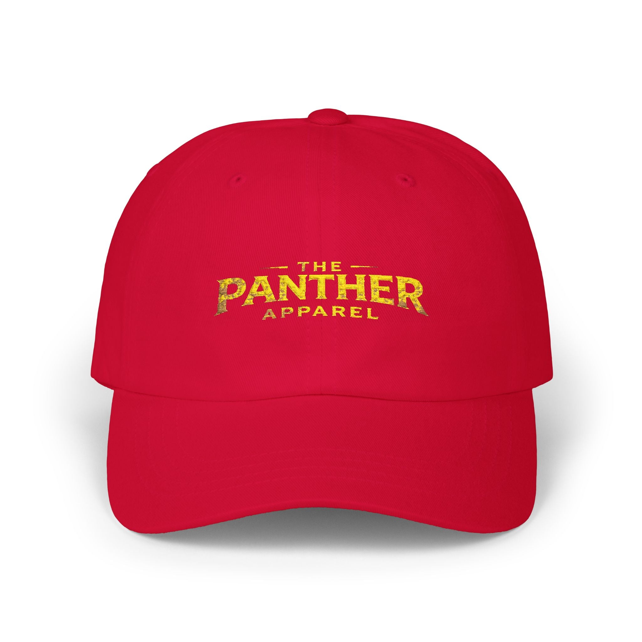 Panther Apparel Dad Cap — White Classic Baseball Hat with Gold Script Logo